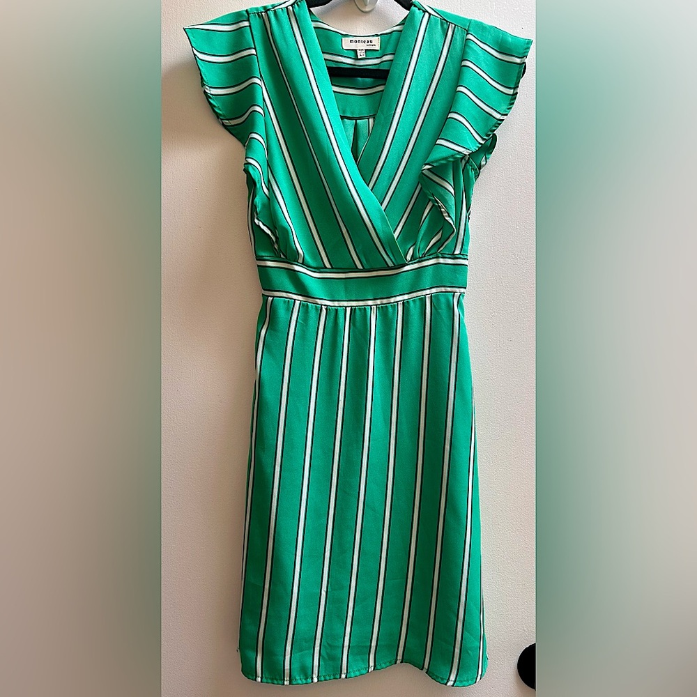 Monteau Los Angeles Green Ruffle Striped Midi Dress